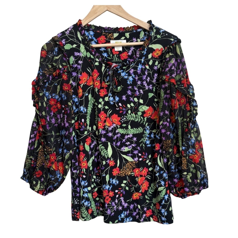 Maeve by Anthropologie Floral Ruffle Sleeve Tie Neck Blouse Small Black Multi